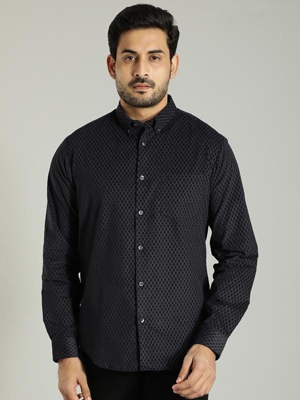 Indian Terrain Men's Slim Fit Full Sleeve Printed Dark Blue Shirt